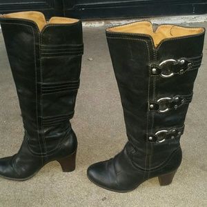 Frye Black Leather Fiona 3 Strap Heeled Boots